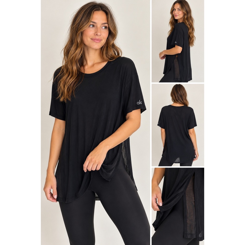 Alo Yoga T-Shirt Womens Sz M Black Short Sleeve Modal Side Slit Activewear Long